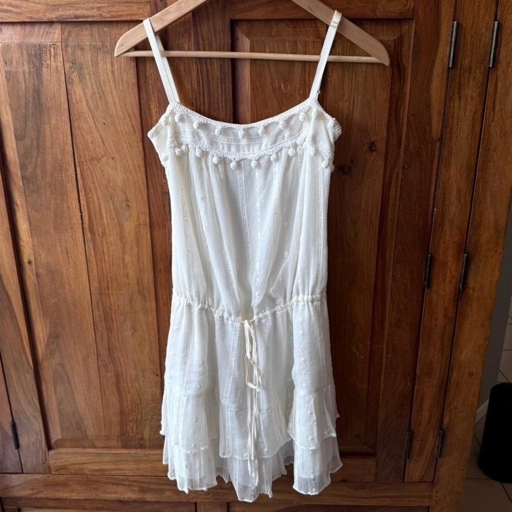 Parameter White 100% Silk Embroidered Pom Pom Tiered Mini Dress Coquette Fairy 0